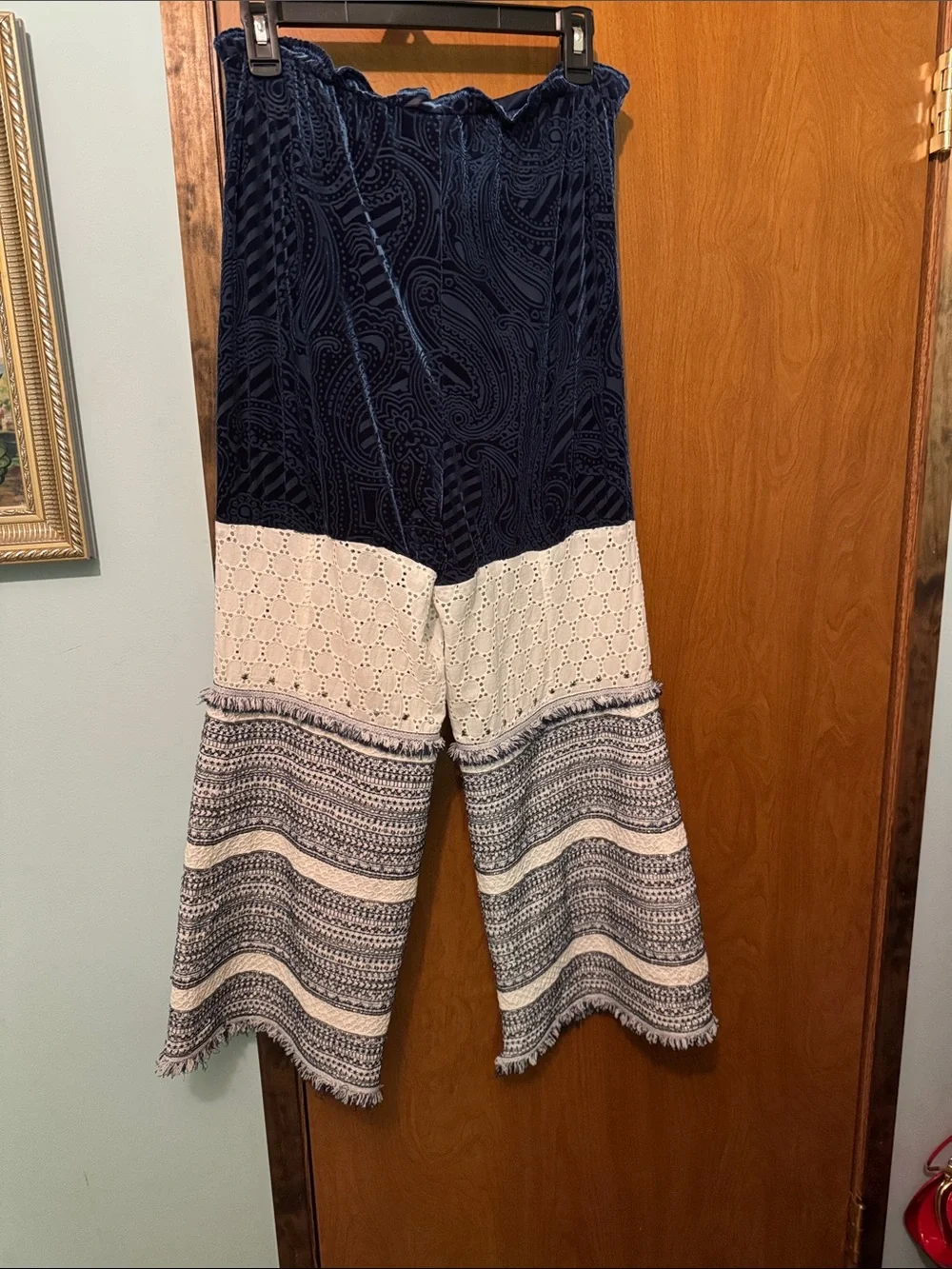 Boho Patchwork Navy and Cream Wide-Leg Pants - Picture 5 of 5